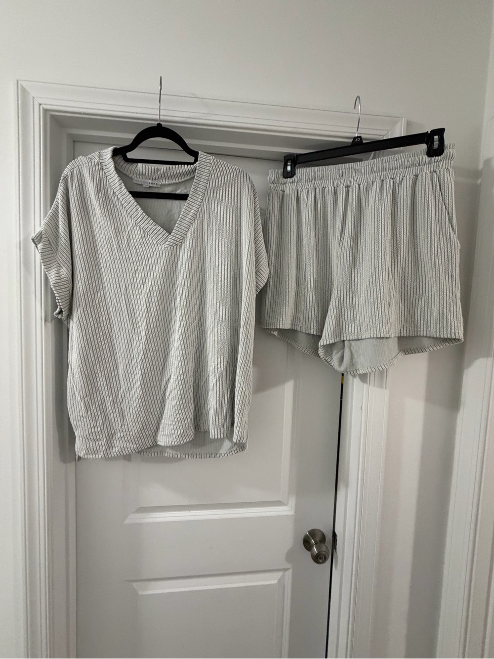 Baltic Born Light Gray Ribbed V‑Neck Short Sleeve Top and Shorts Set